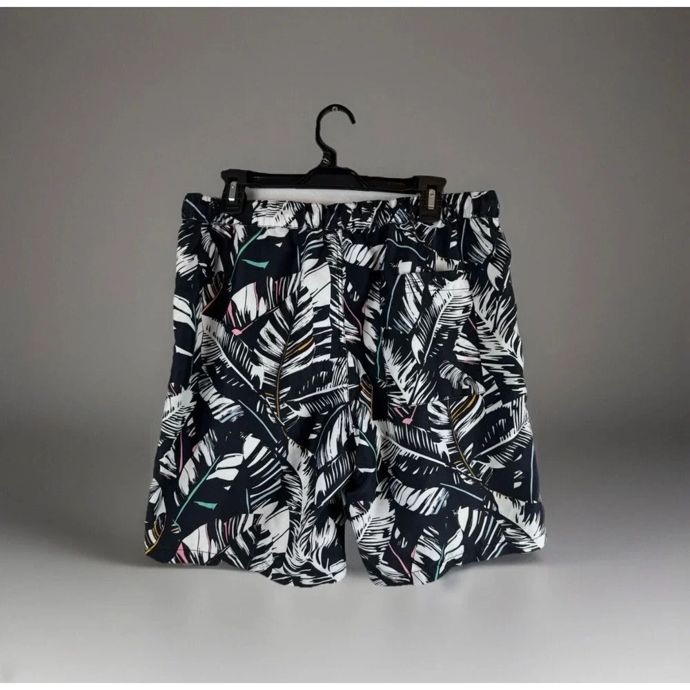 Empyre Swim Trunks Men Large Black White Tropical Palm Leaf Mesh Lined Shorts